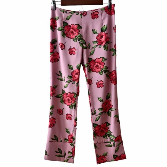 Jesus Diamante Womens Pink Allover Red Roses Back Slit Cuff Straight Pants XS - Picture 1 of 11